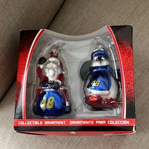Jimmy Johnson Trevco NASCAR Santa  NIB and Snowman Collectible Ornament Set